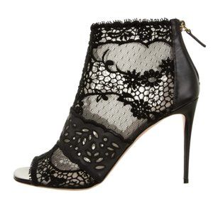 VALENTINO Lace Trimmed Peep Toe Bootie - Black